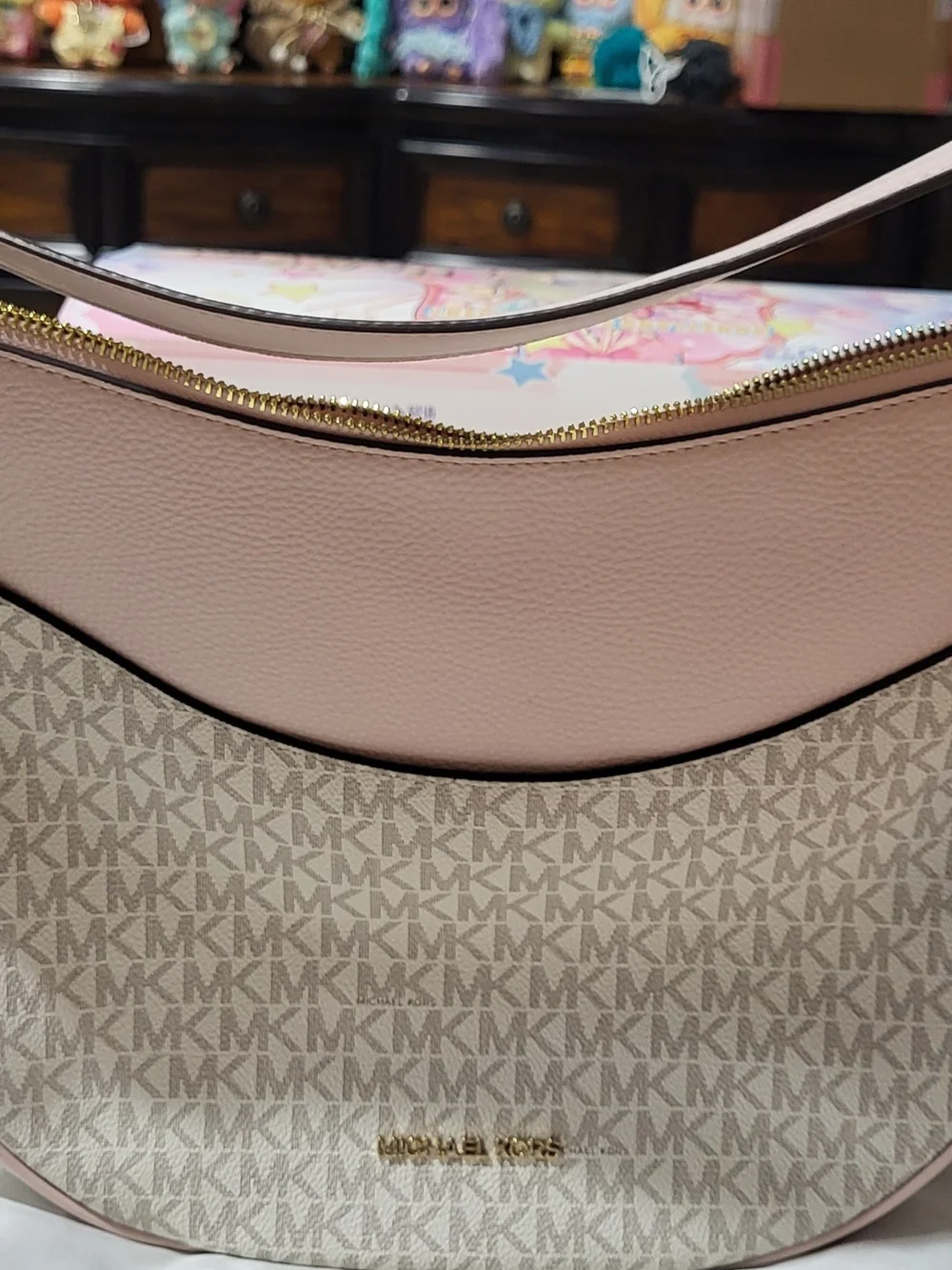Michael Kors Pink and Vanilla Signature Crescent Hobo